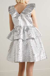 GANNI Платье мини из смесового хлопка с эффектом металлик и оборками, серебро