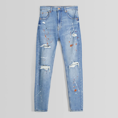 Джинсы Bershka Ripped Super Skinny With Paint Splatter, голубой