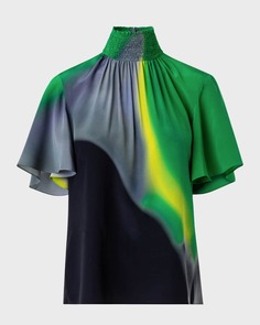 Блуза из крепдешина Tech Green Disco с лазерным принтом и присборенным воротником Akris punto
