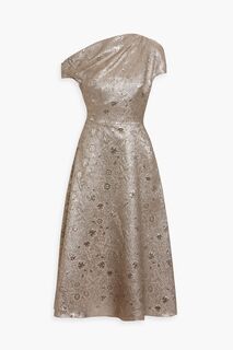 Платье миди из металлизированной парчи на одно плечо LELA ROSE, платиновый
