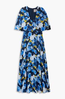 Платье макси из жоржета с цветочным принтом LELA ROSE, синий