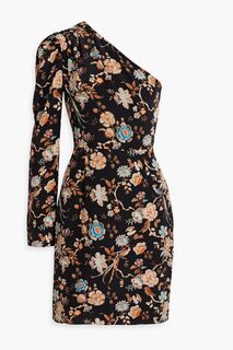 Платье мини из шелкового крепдешина со сборками на одно плечо и цветочным принтом LES RÊVERIES, черный