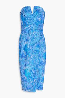 Жаккардовое платье без бретелек со складками и эффектом металлик. AIDAN MATTOX, синий
