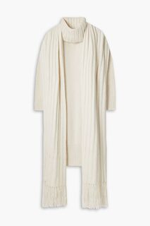 Комплект из платья миди и шарфа оверсайзной вязки в рубчик с высоким воротником LVIR, слоновая кость