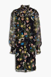 Платье Augusta из шелкового жоржета с оборками и цветочным принтом ERDEM, черный