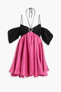 Двухцветное мини-платье из смесового льна с открытыми плечами и декором RASARIO, розовый