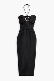 Платье миди из смесового льна с кружевными вставками и воротником-хомутом RASARIO, черный