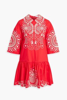 Платье мини из хлопкового поплина со сборками и вышивкой REDVALENTINO, красный