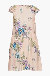 Платье мини из шелкового крепдешина со сборками и цветочным принтом REDVALENTINO, розовый