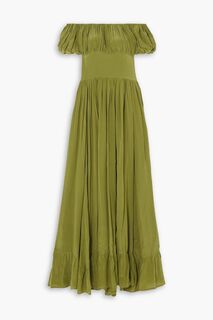 Платье макси из шелкового атласа с открытыми плечами и сборками EVARAE, зеленый