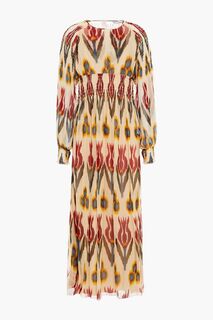 Платье миди из шелкового жоржета с присборенным принтом REDVALENTINO, кремовый