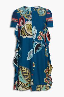 Платье мини из крепдешина с оборками и цветочным принтом REDVALENTINO, бензиновый