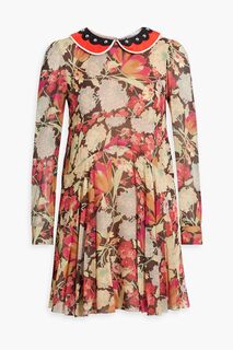 Платье мини из шелкового шифона с заклепками и цветочным принтом REDVALENTINO, коричневый