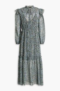 Многоярусное шифоновое платье миди фил-купе с цветочным принтом металлик MAJE, синий