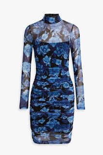 Платье мини Delora из эластичной сетки со сборками и цветочным принтом ALICE + OLIVIA, синий
