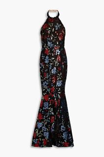 Украшенное платье из тюля с воротником-халтер и оборками MARCHESA NOTTE, черный