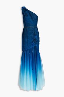 Платье из тюля деграде с цветочной аппликацией на одно плечо MARCHESA NOTTE, синий