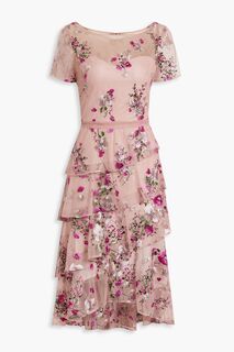 Многоярусное платье из блестящего тюля с вышивкой MARCHESA NOTTE, античная роза