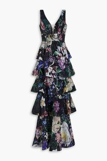Многоярусное шифоновое платье с цветочным принтом и декором. MARCHESA NOTTE, черный