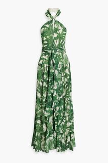 Платье макси из многоярусного крепа с воротником-халтер и принтом AMUR, зеленый