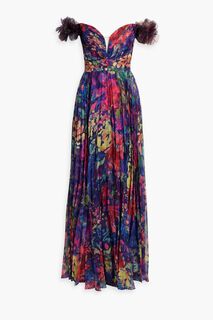 Шифоновое платье с открытыми плечами и плиссировкой с цветочным принтом MARCHESA NOTTE, синий