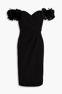 Креповое платье с открытыми плечами и цветочной аппликацией MARCHESA NOTTE, черный