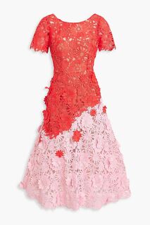 Двухцветное платье миди из гипюрового кружева MARCHESA NOTTE, красный