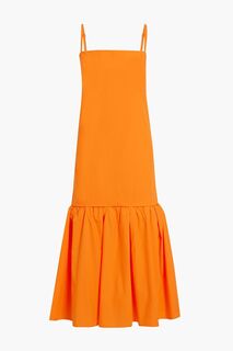 Платье миди из хлопкового поплина со сборками и оборками ANOTHER TOMORROW, оранжевый