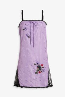 Платье мини из атласного жаккарда с кружевной отделкой и декором ANNA SUI, лавандовый