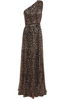 Платье макси из эластичного джерси с металлическим леопардовым принтом на одно плечо MELISSA ODABASH, животный принт