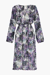 Платье из жоржета с оборками и цветочным принтом MIKAEL AGHAL, фиолетовый