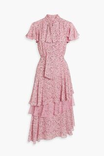 Шифоновое платье миди с кружевной отделкой и оборками с цветочным принтом MIKAEL AGHAL, розовый