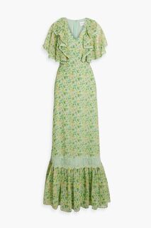 Шифоновое платье макси с кружевной отделкой и оборками с цветочным принтом MIKAEL AGHAL, зеленый