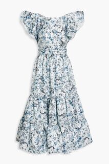 Платье миди из атласного твила с оборками и цветочным принтом BADGLEY MISCHKA, синий