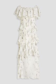 Жаккардовое платье макси с открытыми плечами и оборками с цветочным принтом BADGLEY MISCHKA, белый