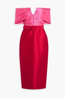 Двухцветное платье миди из атласа «дюшес» с открытыми плечами BADGLEY MISCHKA, красный