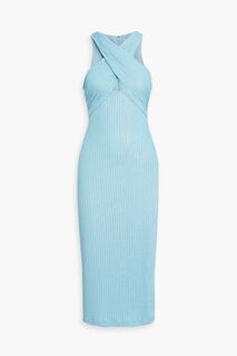 Платье миди в рубчик с перекрестным вырезом и эффектом металлик ML MONIQUE LHUILLIER, синий