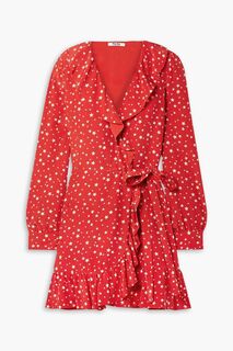 Платье мини с запахом и шелковым крепом с принтом и оборками MIU MIU, красный