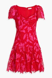 Платье мини из гипюрового кружева со сборками ML MONIQUE LHUILLIER, фуксия