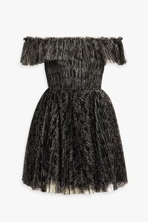Мини-платье из блестящего тюля с открытыми плечами и оборками ML MONIQUE LHUILLIER, черный