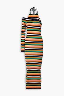 Платье миди из смесовой шерсти мериноса с одним рукавом в полоску в рубчик MONSE, разноцветный