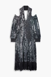 Платье миди с вырезом халтер и бахромой, расшитое пайетками из шерсти мериноса MONSE, угольный