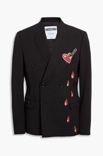 Двубортный пиджак из шерстяного твила с аппликацией MOSCHINO, черный