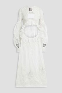 Платье макси из хлопковой вуали и кружева крючком с аппликациями и вырезами BURBERRY, белый
