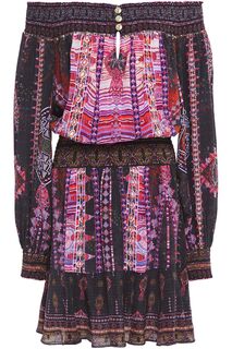Мини-платье из шелкового крепдешина с открытыми плечами и декорированным принтом CAMILLA, разноцветный