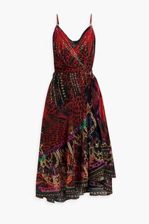 Платье миди из шелкового шифона с асимметричным принтом и запахом CAMILLA, красный
