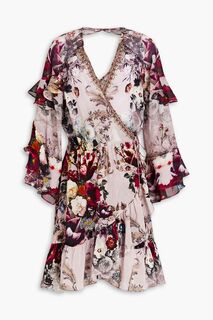 Платье мини с запахом и шелковым крепдешином с рюшами и лоральным принтом CAMILLA, розовый