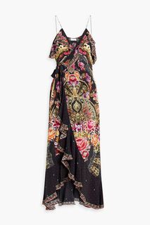 Платье макси из шелкового крепдешина с принтом и оборками CAMILLA, черный