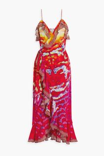Платье макси с запахом и шелковым крепдешином с декорированным принтом CAMILLA, красный