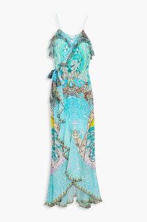 Платье макси с запахом и шелковым крепдешином с декорированным принтом CAMILLA, бирюзовый